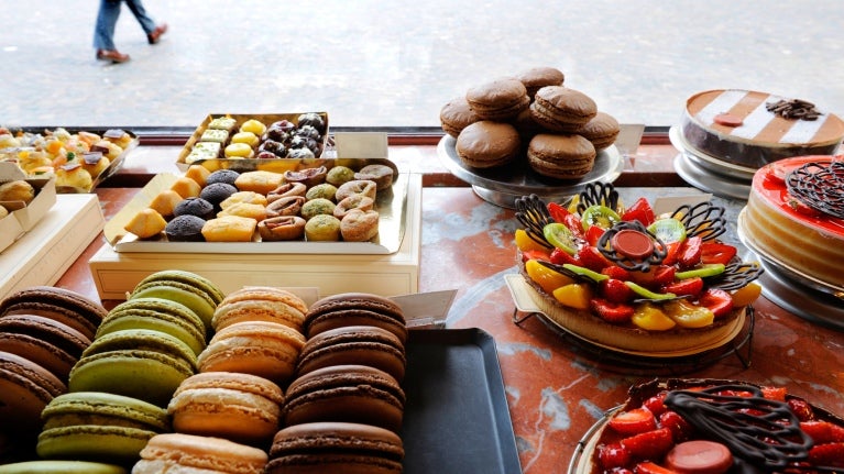 variety of dessers in storefront
