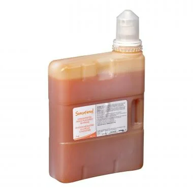 plastic dispense machine insert of Sunsational peach drink concentrate on white background