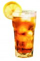 Ice tea in a glass with a lemon slice on the edge on a white background